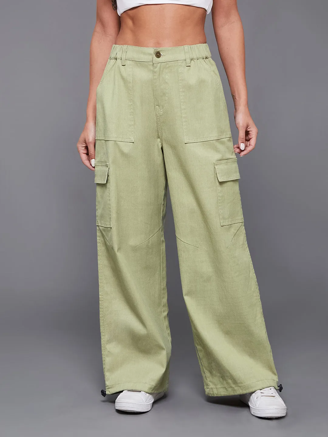 24/7 comfort Cotton Olive Wide Leg High Rise Stretchable Denim Parachute Pant