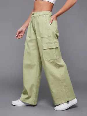 24/7 comfort Cotton Olive Wide Leg High Rise Stretchable Denim Parachute Pant