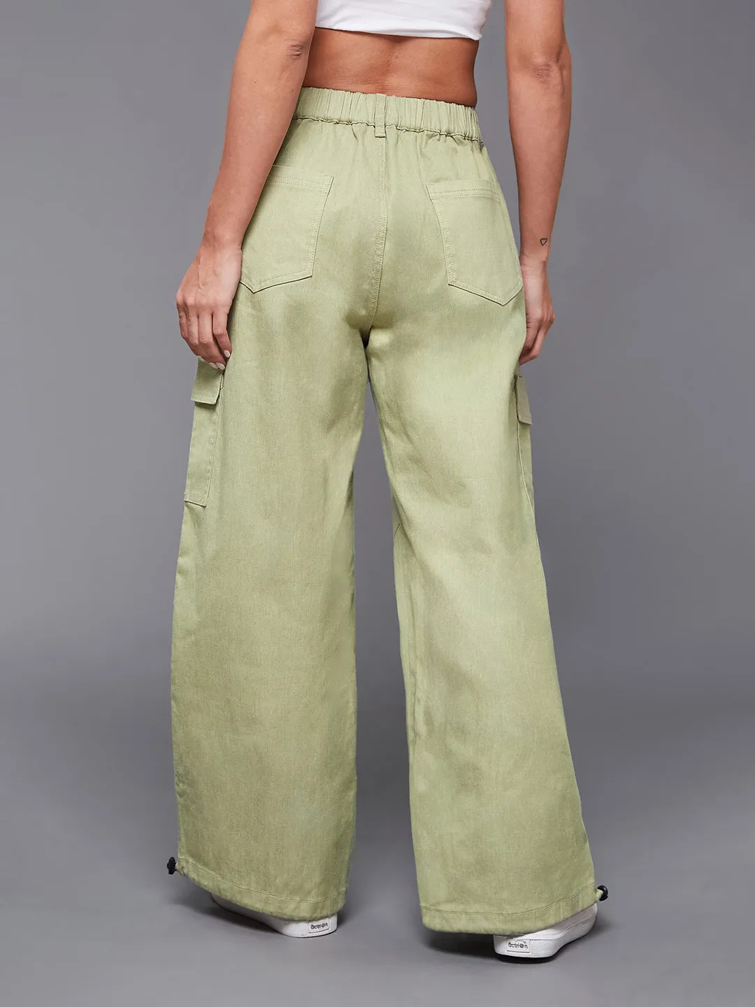 24/7 comfort Cotton Olive Wide Leg High Rise Stretchable Denim Parachute Pant