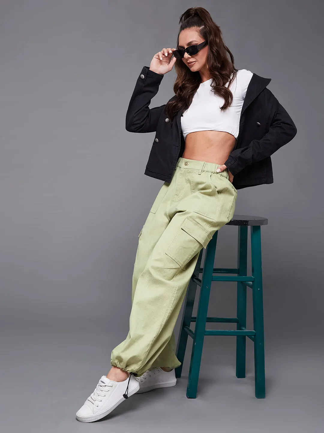 24/7 comfort Cotton Olive Wide Leg High Rise Stretchable Denim Parachute Pant