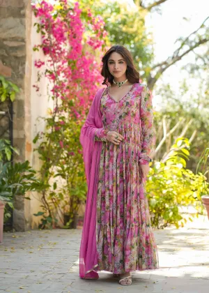 Anvi Georgette Pink Floral Printed Gown Set