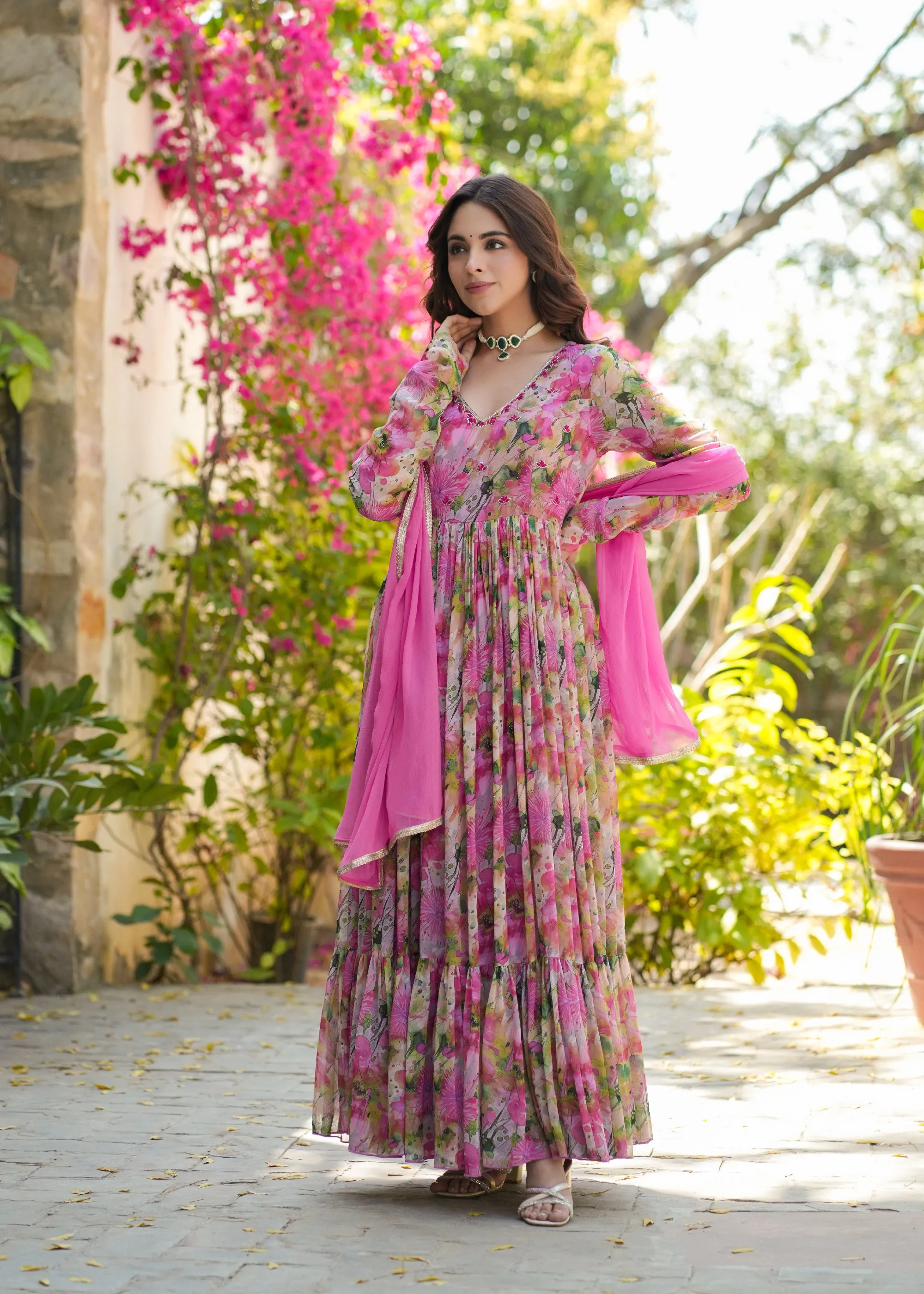 Anvi Georgette Pink Floral Printed Gown Set