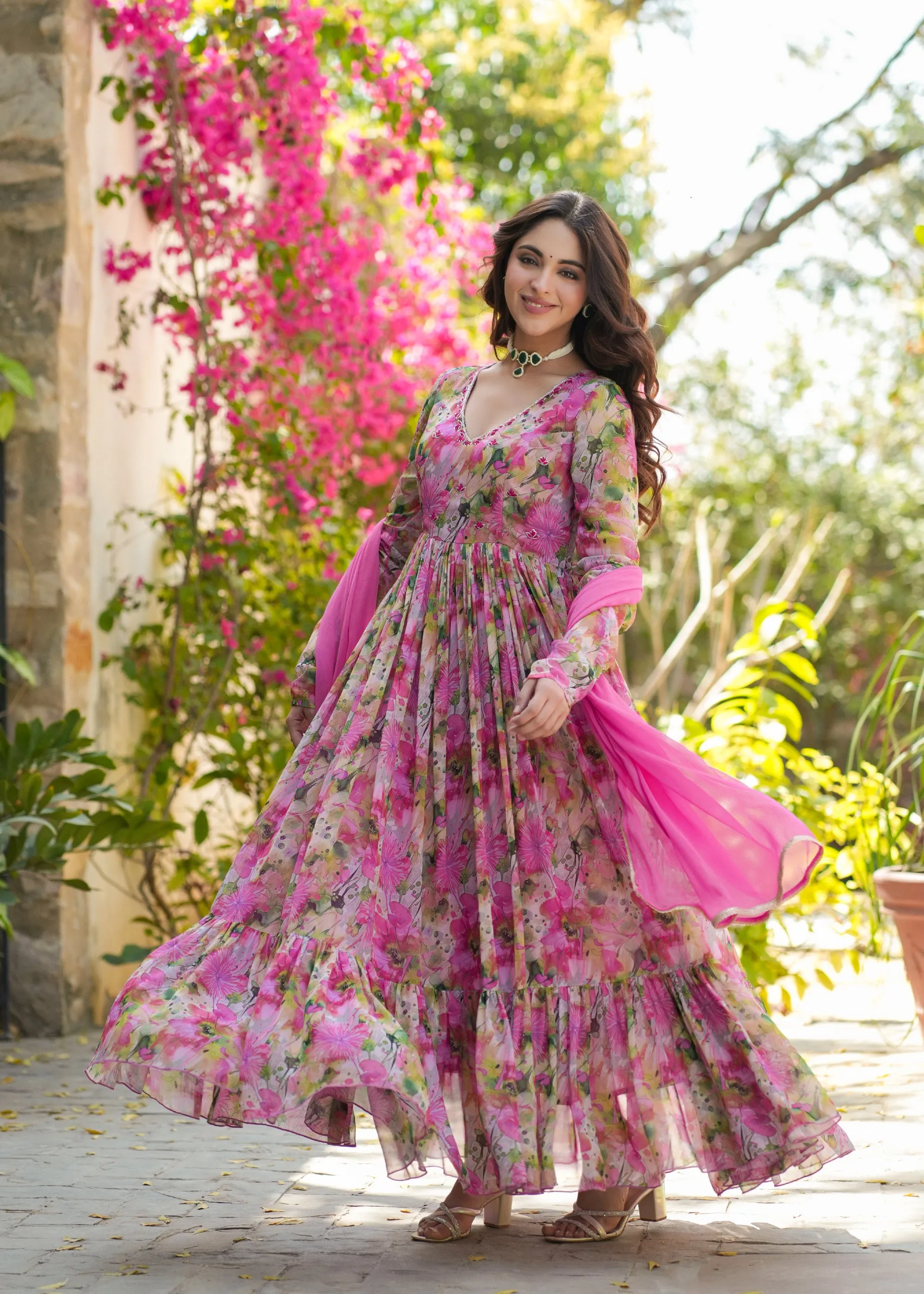 Anvi Georgette Pink Floral Printed Gown Set