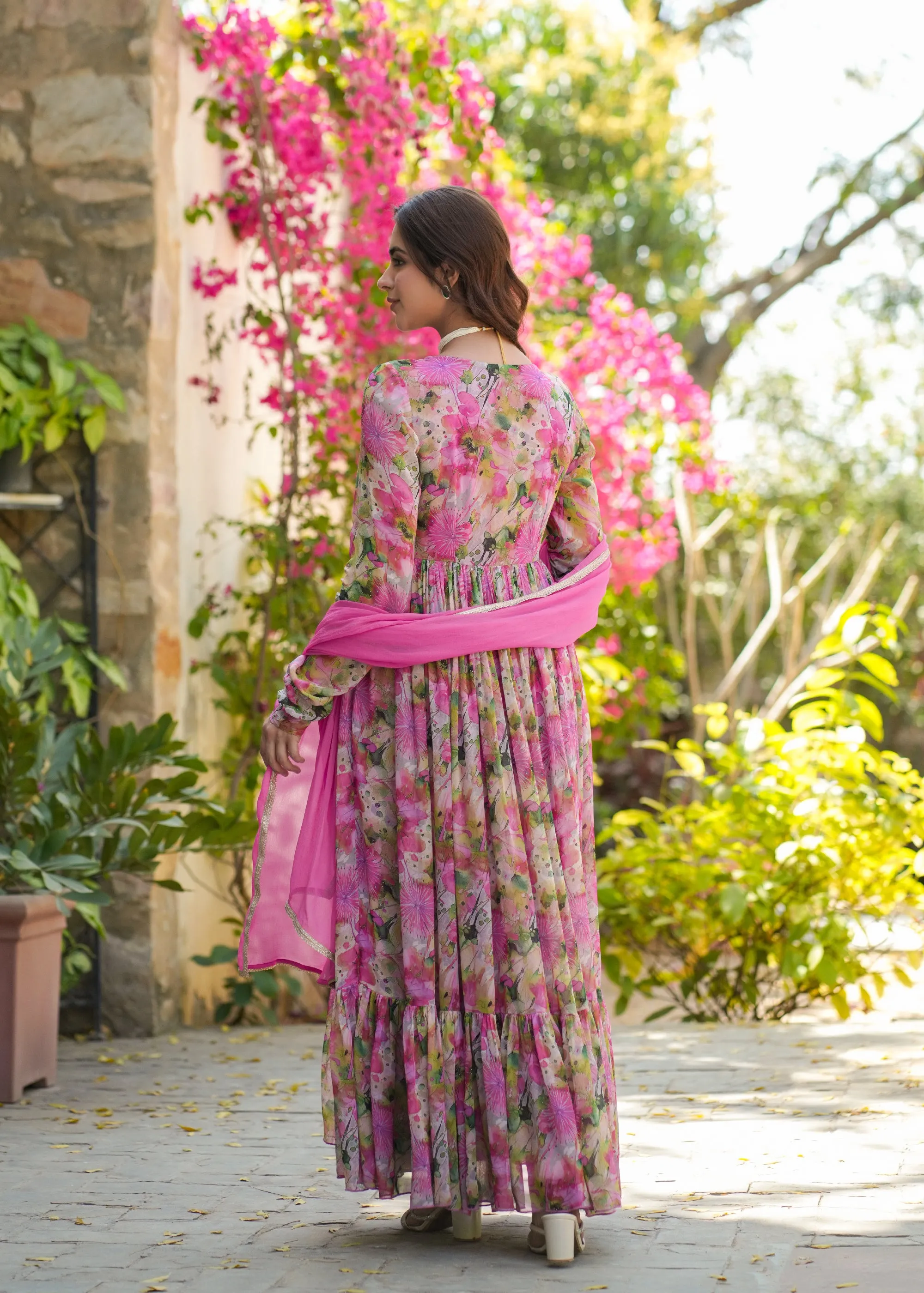 Anvi Georgette Pink Floral Printed Gown Set