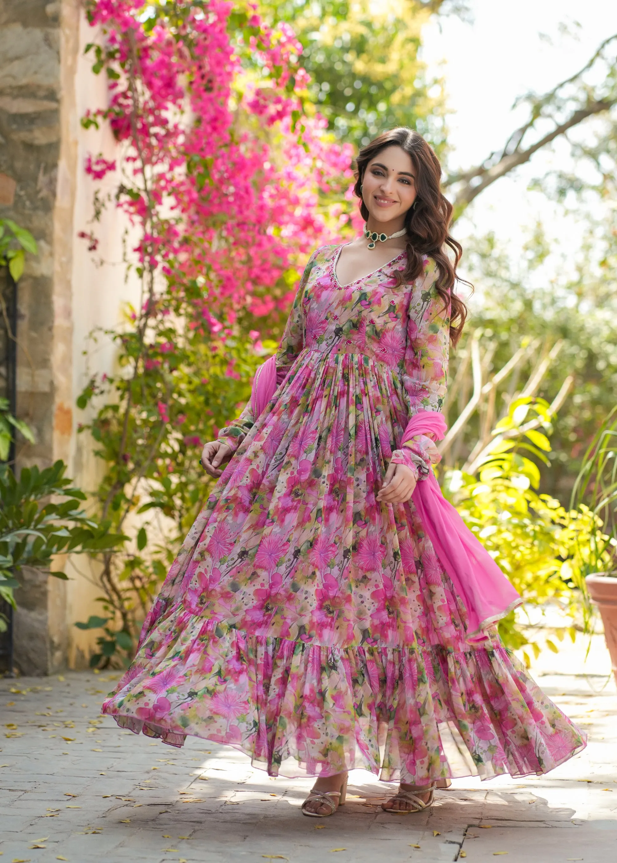 Anvi Georgette Pink Floral Printed Gown Set