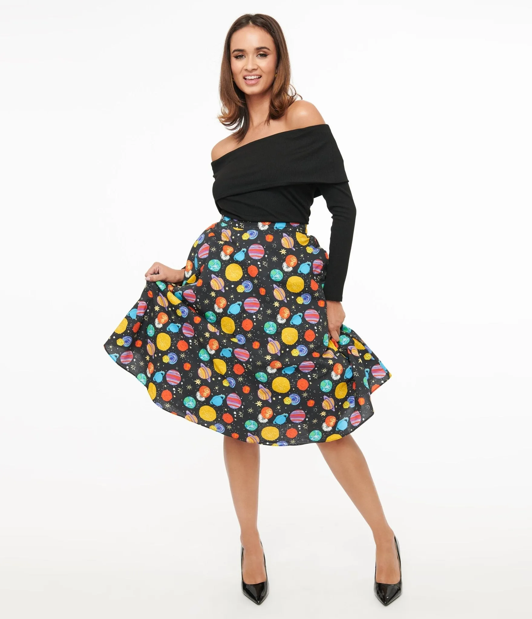 Black & Multicolor Planets Cotton Skirt