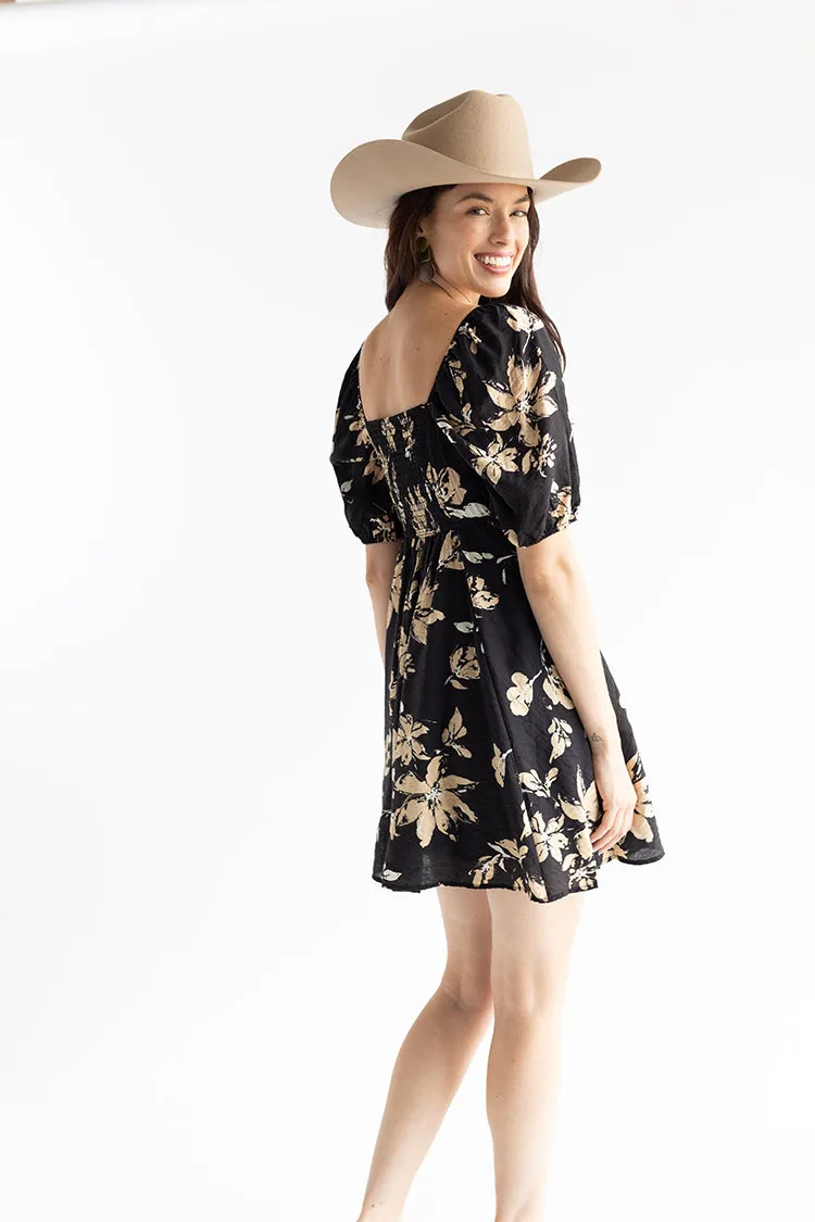 Black Floral Puff Sleeve Dress