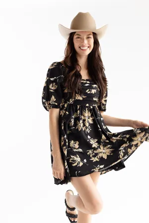 Black Floral Puff Sleeve Dress