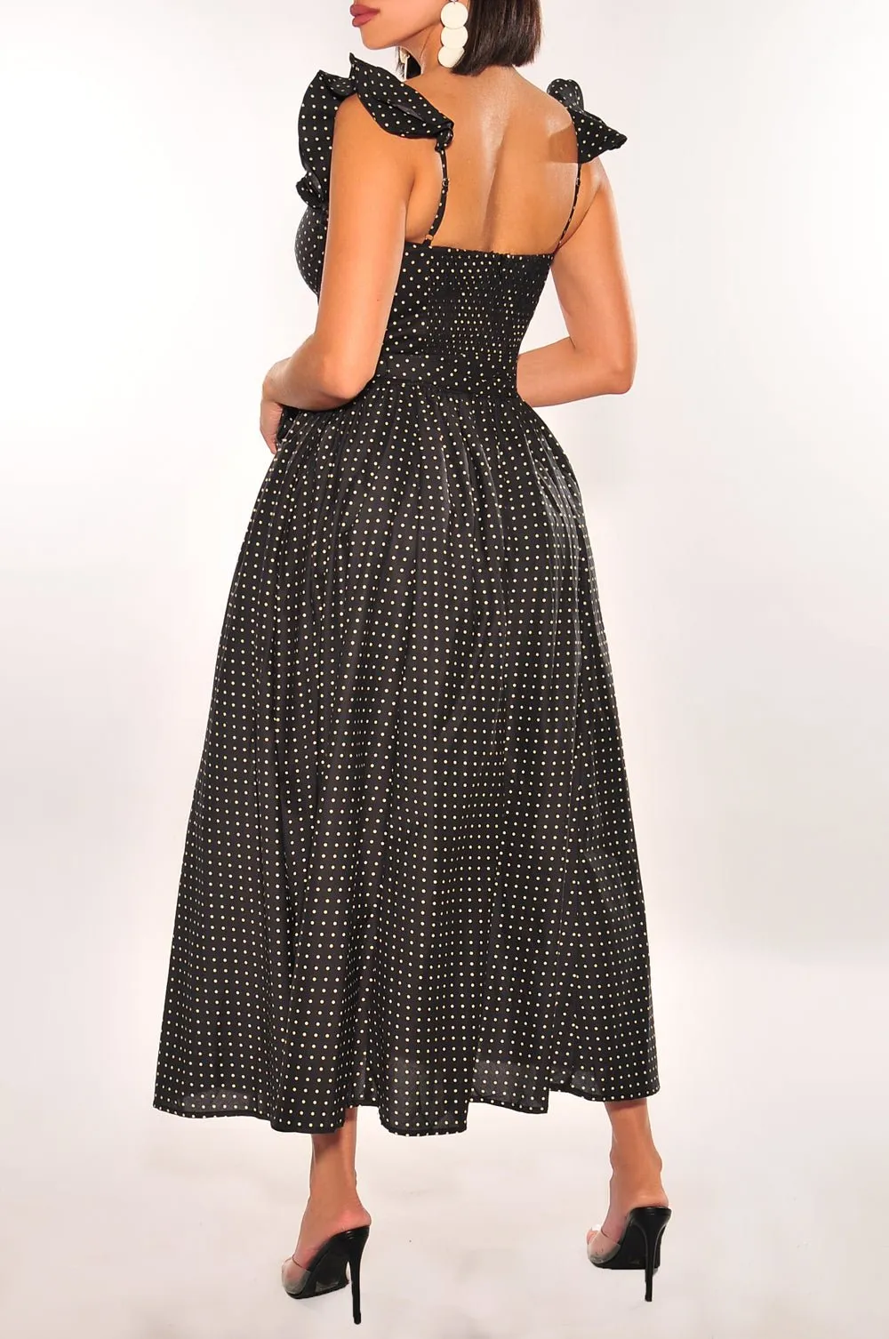 Black White Polka Dot Padded Underwire Belted Ruffle Slit Dress