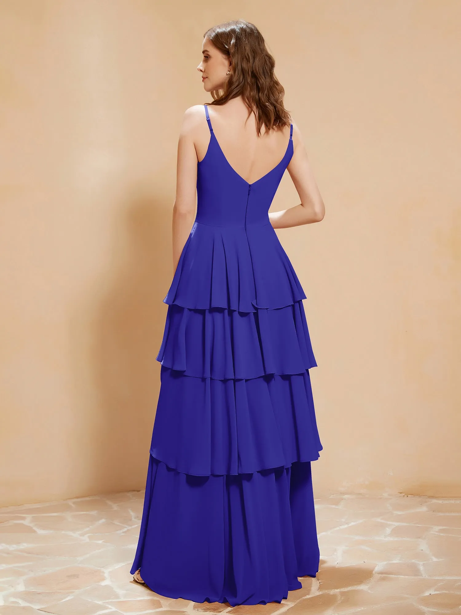 Boho V-neck Floor-length Dress Flowy Ruffles Royal Blue