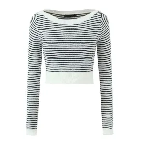 Breton Stripe Boat Neck Long Sleeve Ribbed Knit Crop Pullover Sweater