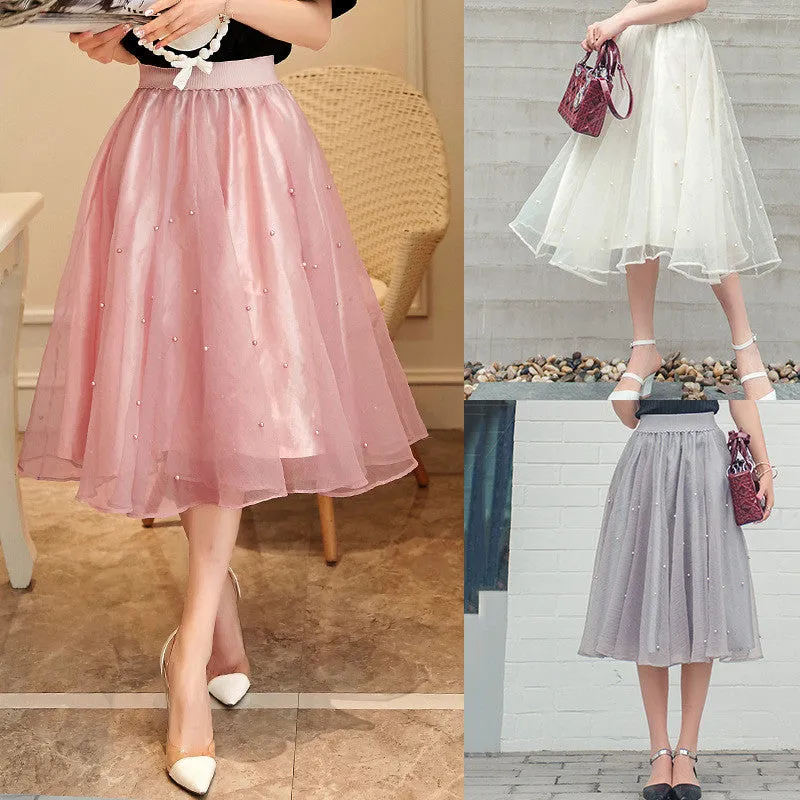 Charming High Waist Pure Color Beads Pleated Skirt