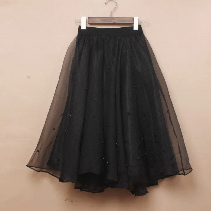 Charming High Waist Pure Color Beads Pleated Skirt