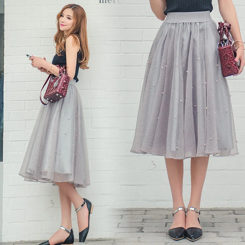 Charming High Waist Pure Color Beads Pleated Skirt