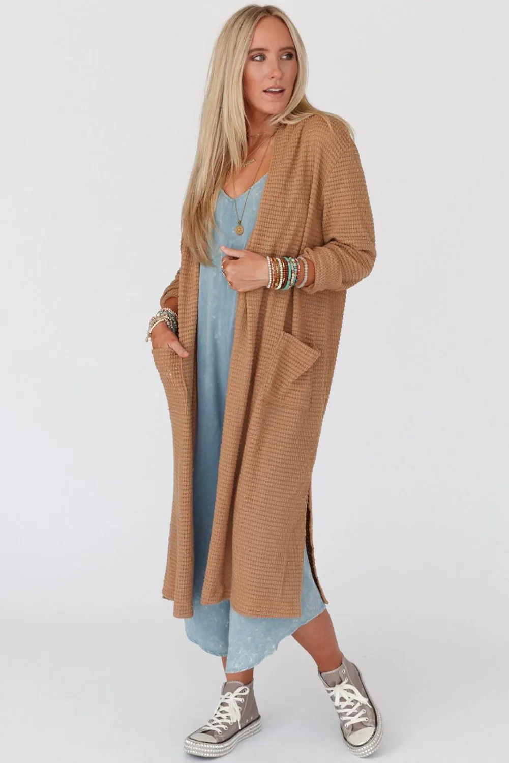 Chestnut Long Waffle Knit Cardigan with Pockets