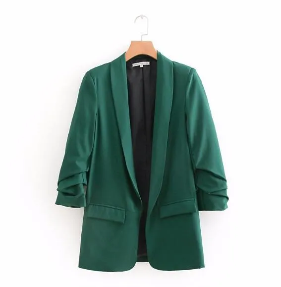 Chic Candy Color Ruched Cuff Suit with Lining - Stylish Mid Long Blazer for Women