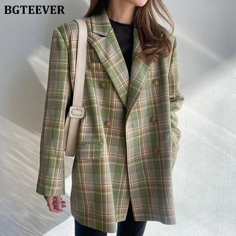 Christmas Gift Joskaa Vintage Loose Women Jacket Plaid Blazer Autumn Chic Double Breasted Female Long Suit Jackets Stylish Ladies Blazer