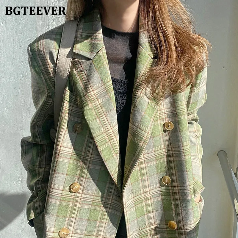 Christmas Gift Joskaa Vintage Loose Women Jacket Plaid Blazer Autumn Chic Double Breasted Female Long Suit Jackets Stylish Ladies Blazer