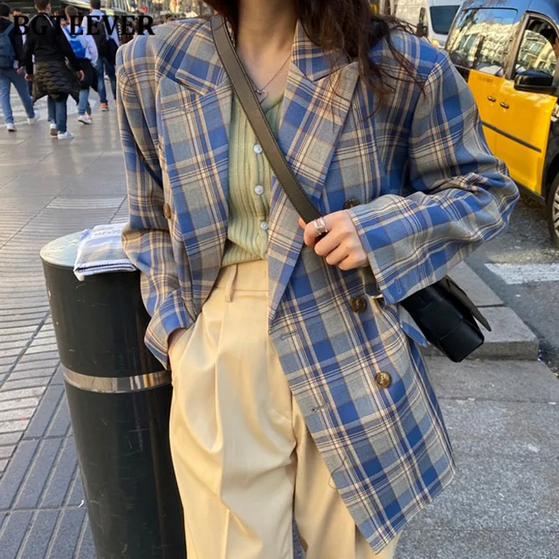 Christmas Gift Joskaa Vintage Loose Women Jacket Plaid Blazer Autumn Chic Double Breasted Female Long Suit Jackets Stylish Ladies Blazer