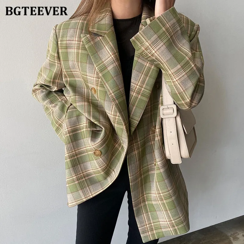 Christmas Gift Joskaa Vintage Loose Women Jacket Plaid Blazer Autumn Chic Double Breasted Female Long Suit Jackets Stylish Ladies Blazer