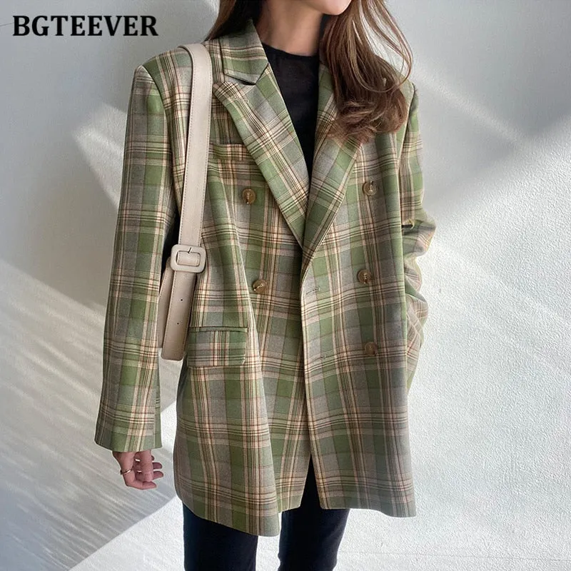 Christmas Gift Joskaa Vintage Loose Women Jacket Plaid Blazer Autumn Chic Double Breasted Female Long Suit Jackets Stylish Ladies Blazer