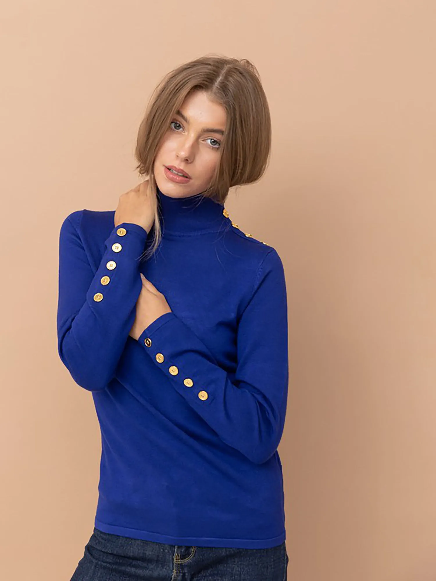 Cielo Turtle Neck Embellished Button Shoulder Knit Sweater