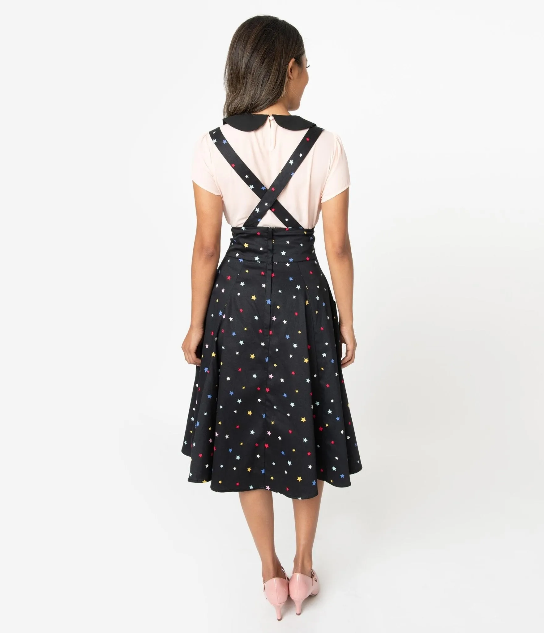 Collectif 1950s Black & Multicolor Stars Alexa Suspender Swing Skirt