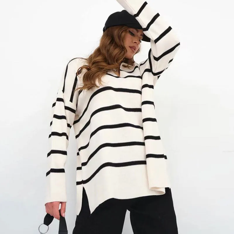 Contrast Striped Collared V Neck Drop Shoulder Split Hem Oversized Sweater