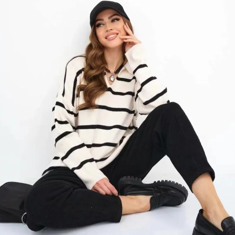 Contrast Striped Collared V Neck Drop Shoulder Split Hem Oversized Sweater