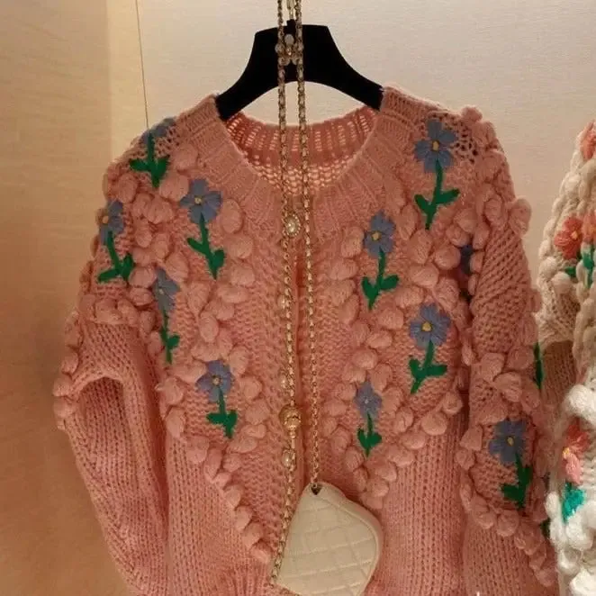 Cute Flower O Neck Knit Cardigan