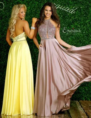 ENVIOUS Couture 1404 Yellow Satin Halter Dress with Pockets - Size 6