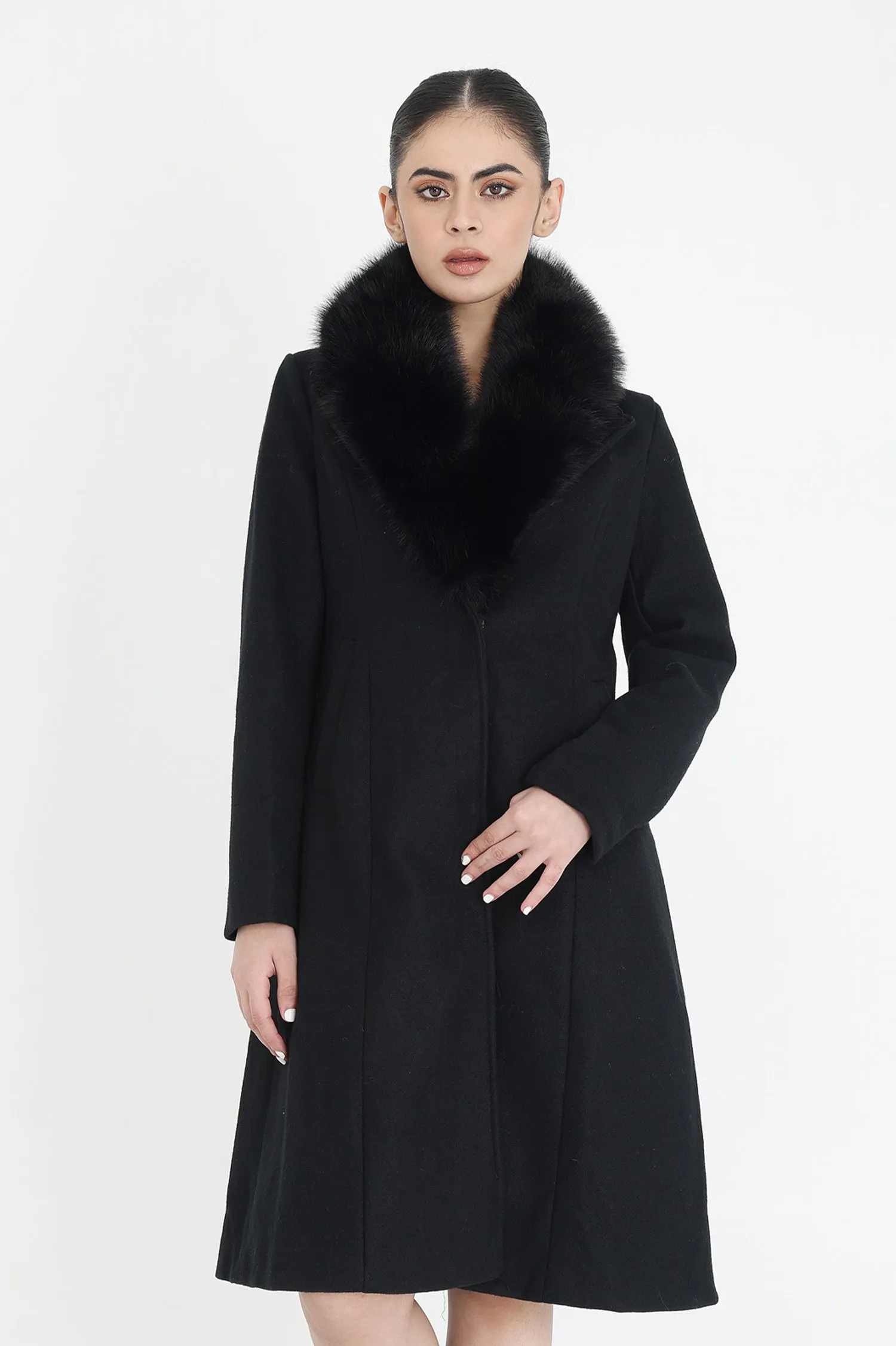 FAUX FUR COLLAR OVERCOAT-BLACK