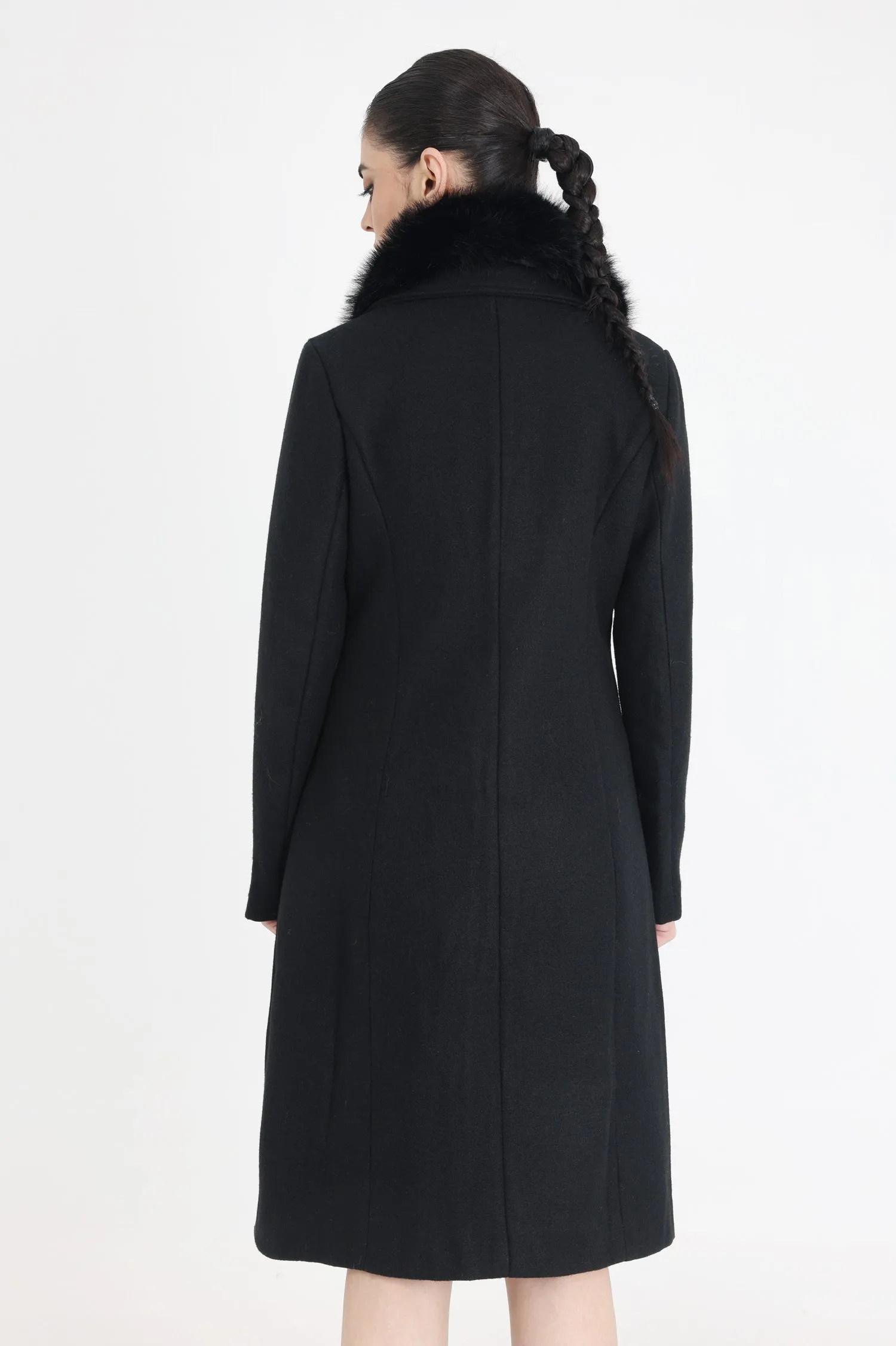 FAUX FUR COLLAR OVERCOAT-BLACK