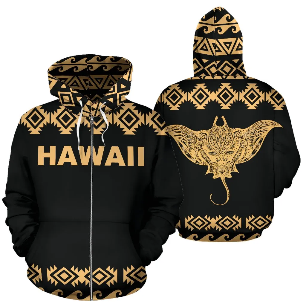 Hawaii Manta Ray Pattern Tribal Tattoo Zip Up Hoodie Bn01