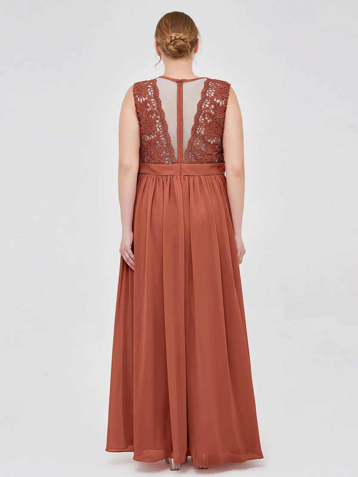 Illusion Neck Chiffon and Lace Dresses Rust