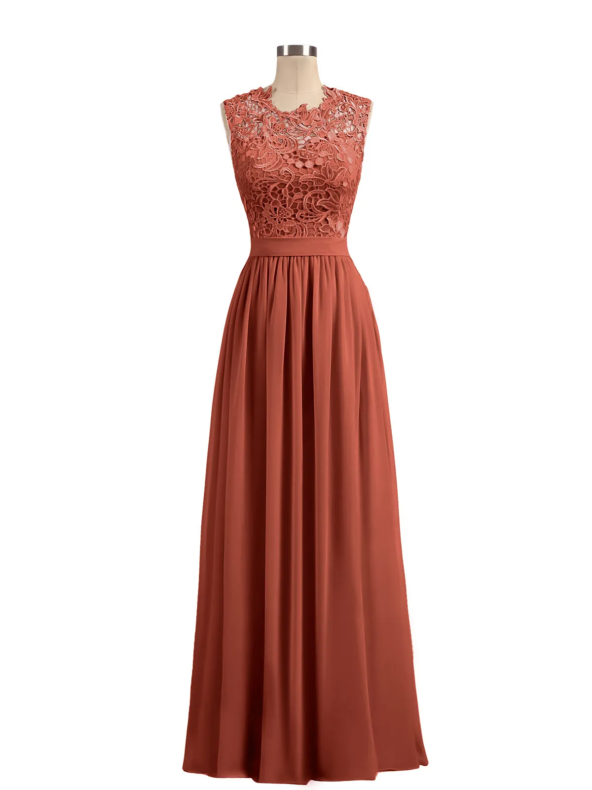 Illusion Neck Chiffon and Lace Dresses Rust