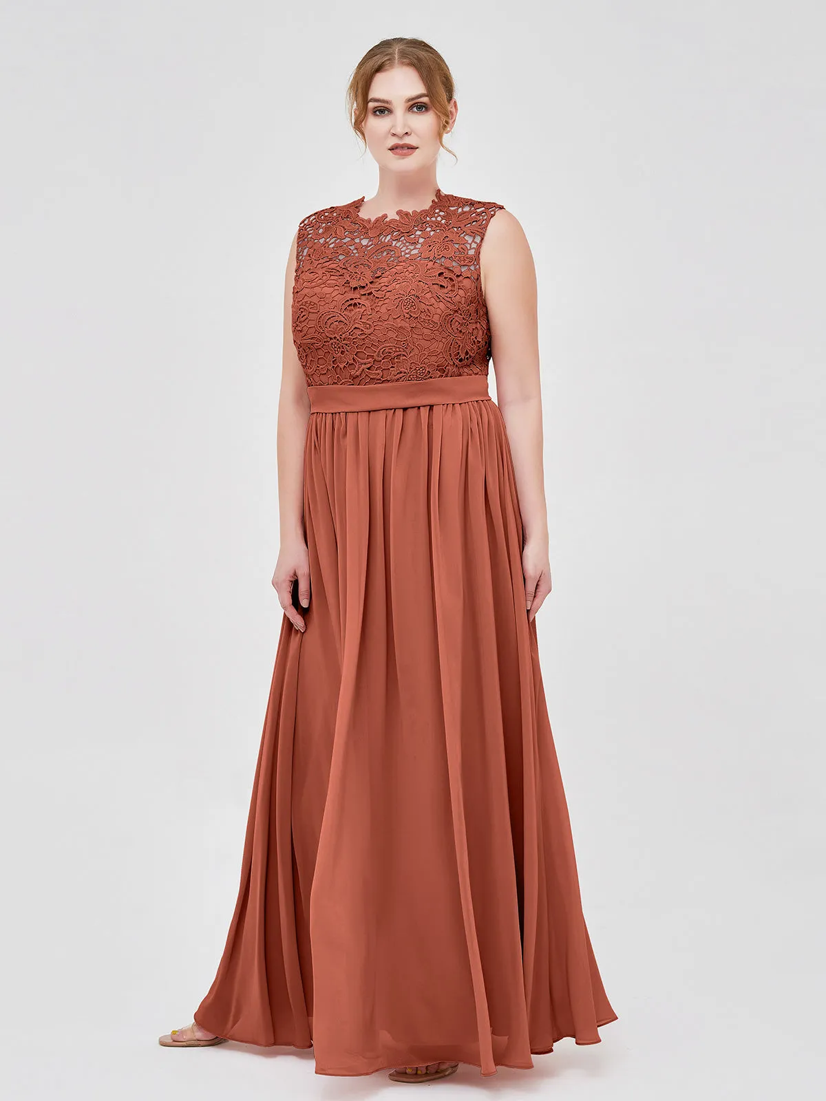 Illusion Neck Chiffon and Lace Dresses Rust