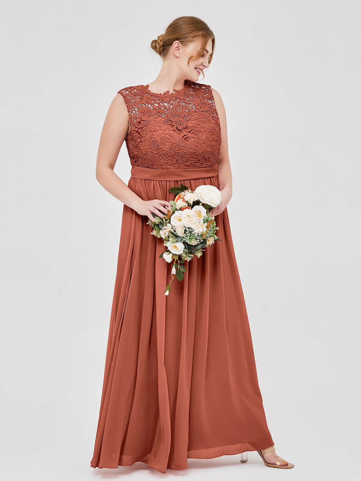 Illusion Neck Chiffon and Lace Dresses Rust