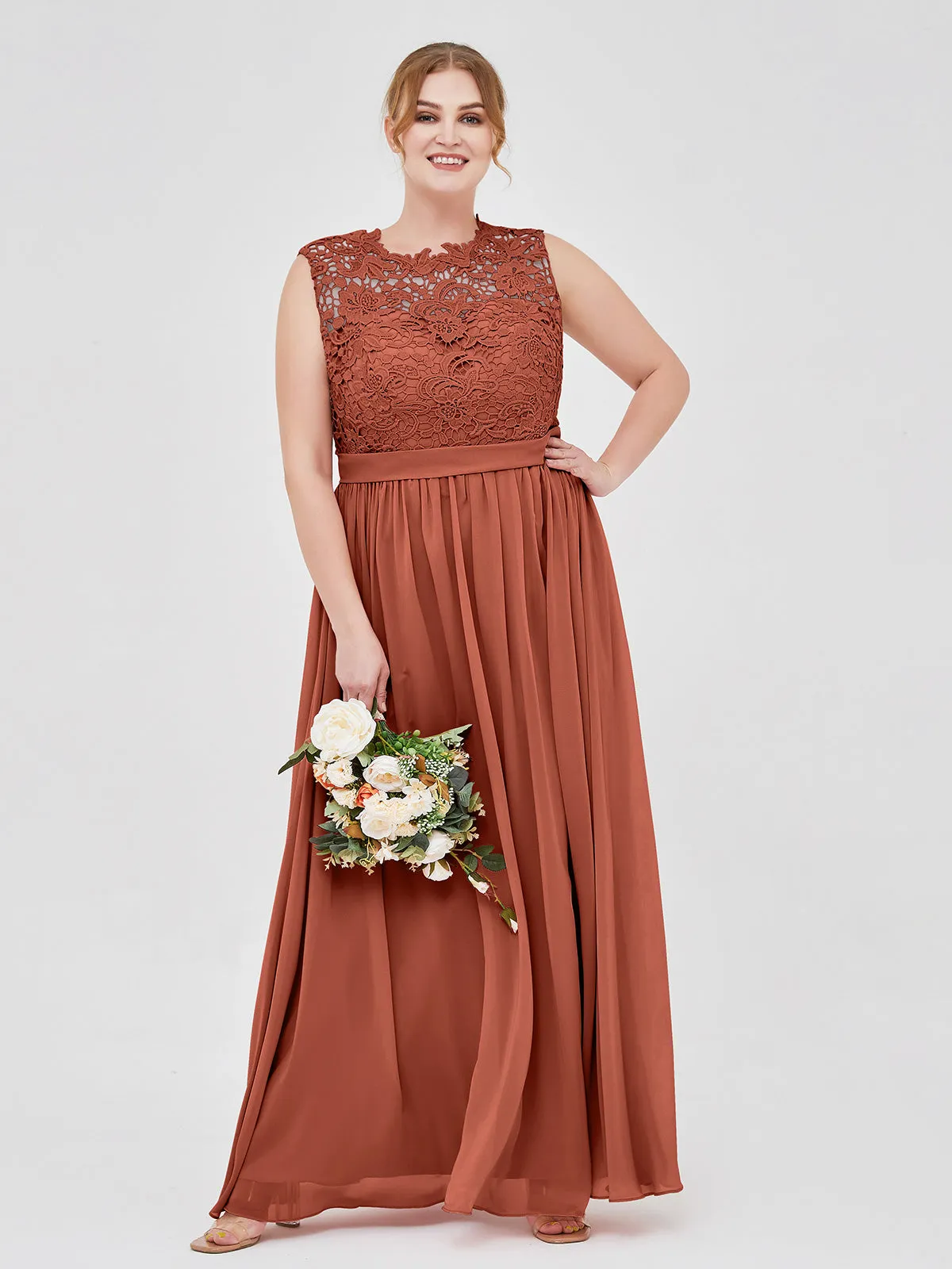 Illusion Neck Chiffon and Lace Dresses Rust