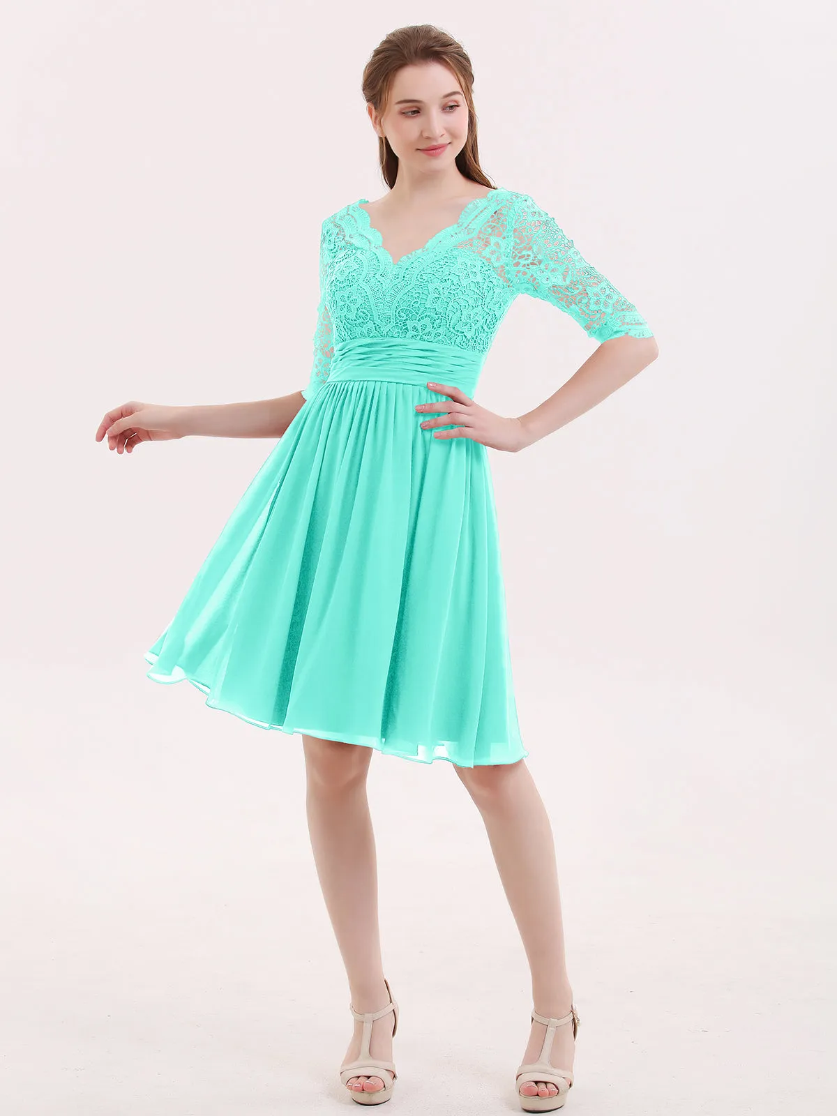 Lace and Chiffon Short Dress with Half Sleeves Spa