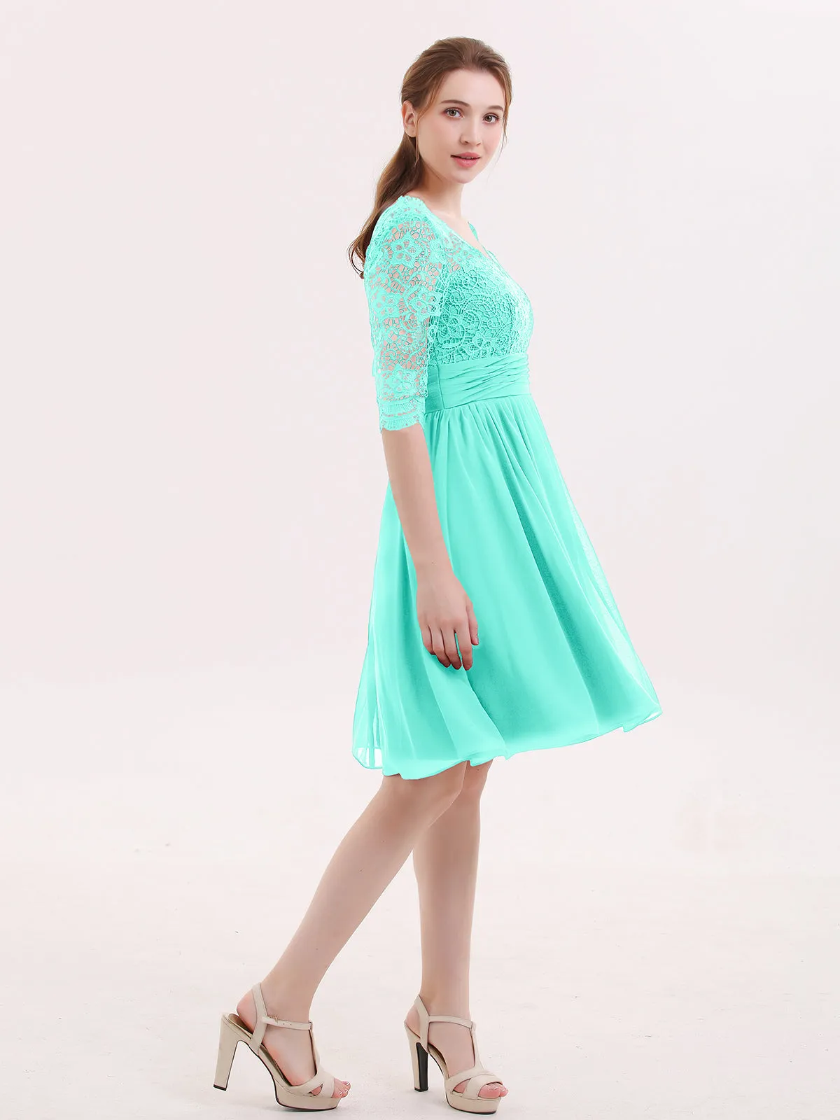 Lace and Chiffon Short Dress with Half Sleeves Spa