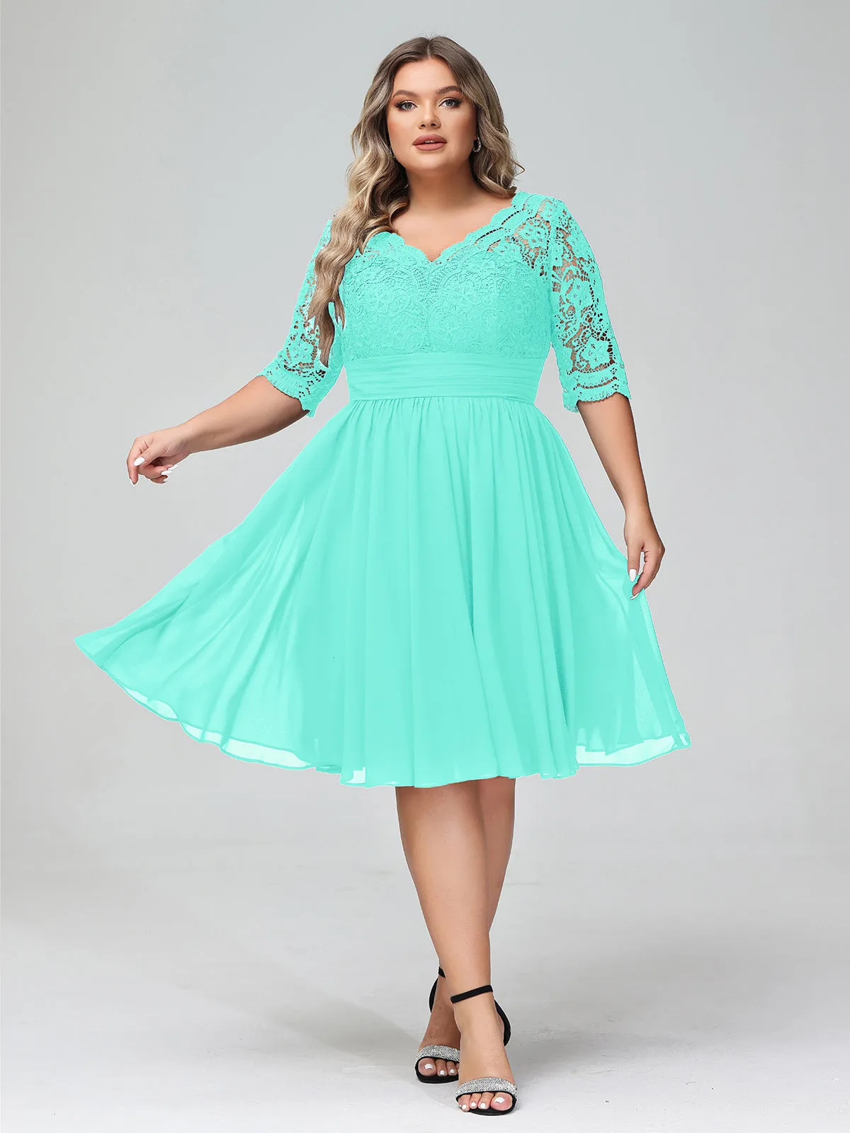 Lace and Chiffon Short Dress with Half Sleeves Spa