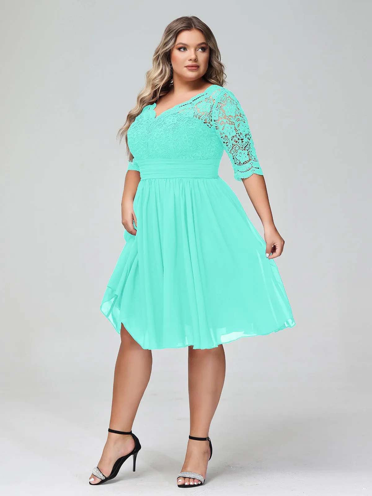 Lace and Chiffon Short Dress with Half Sleeves Spa