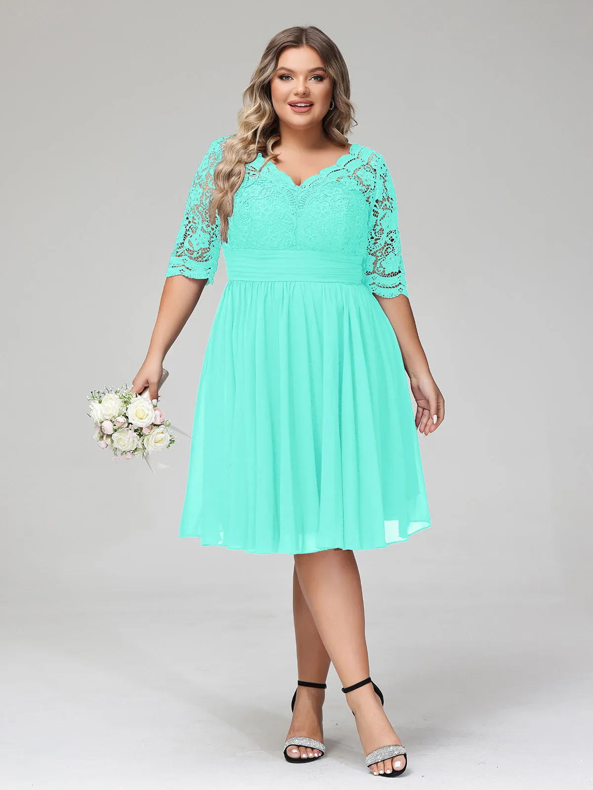 Lace and Chiffon Short Dress with Half Sleeves Spa