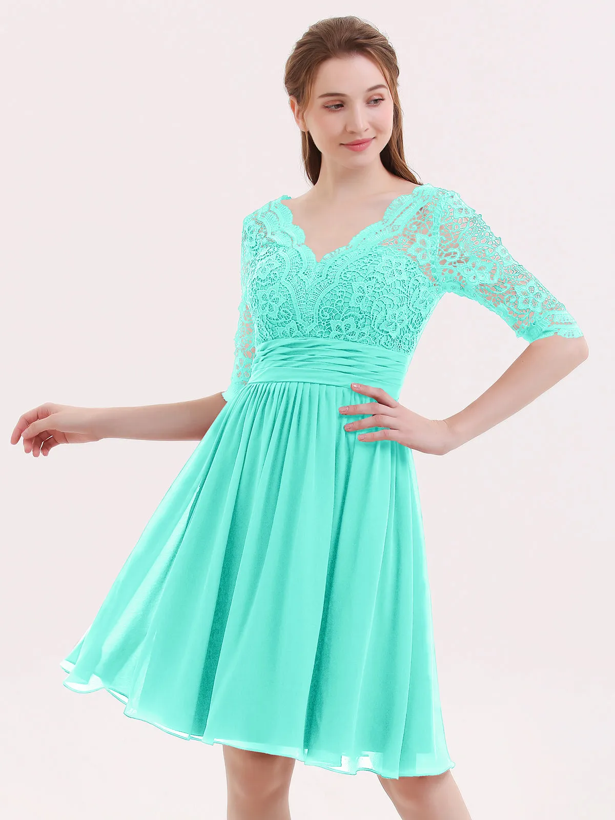 Lace and Chiffon Short Dress with Half Sleeves Spa