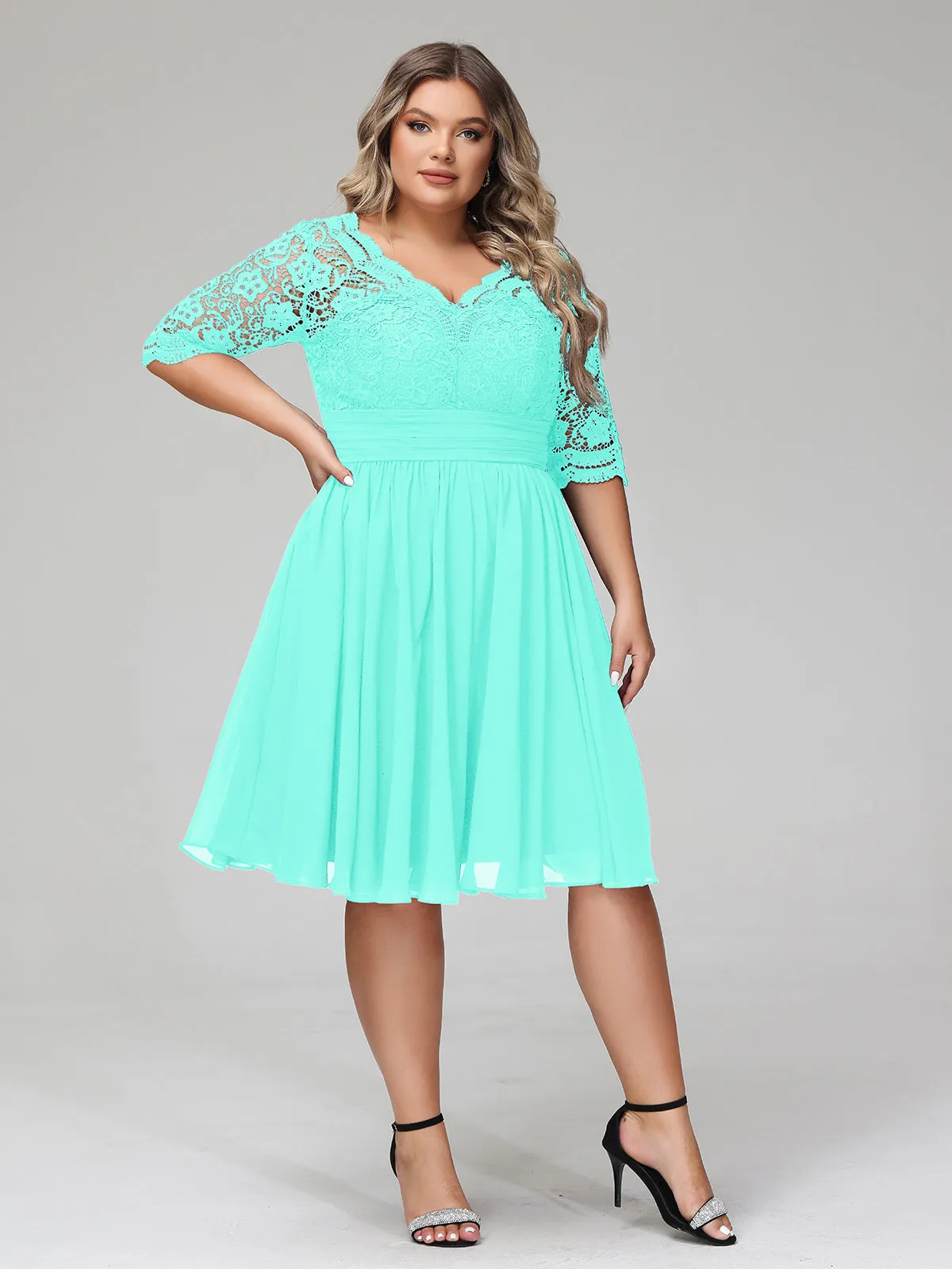 Lace and Chiffon Short Dress with Half Sleeves Spa