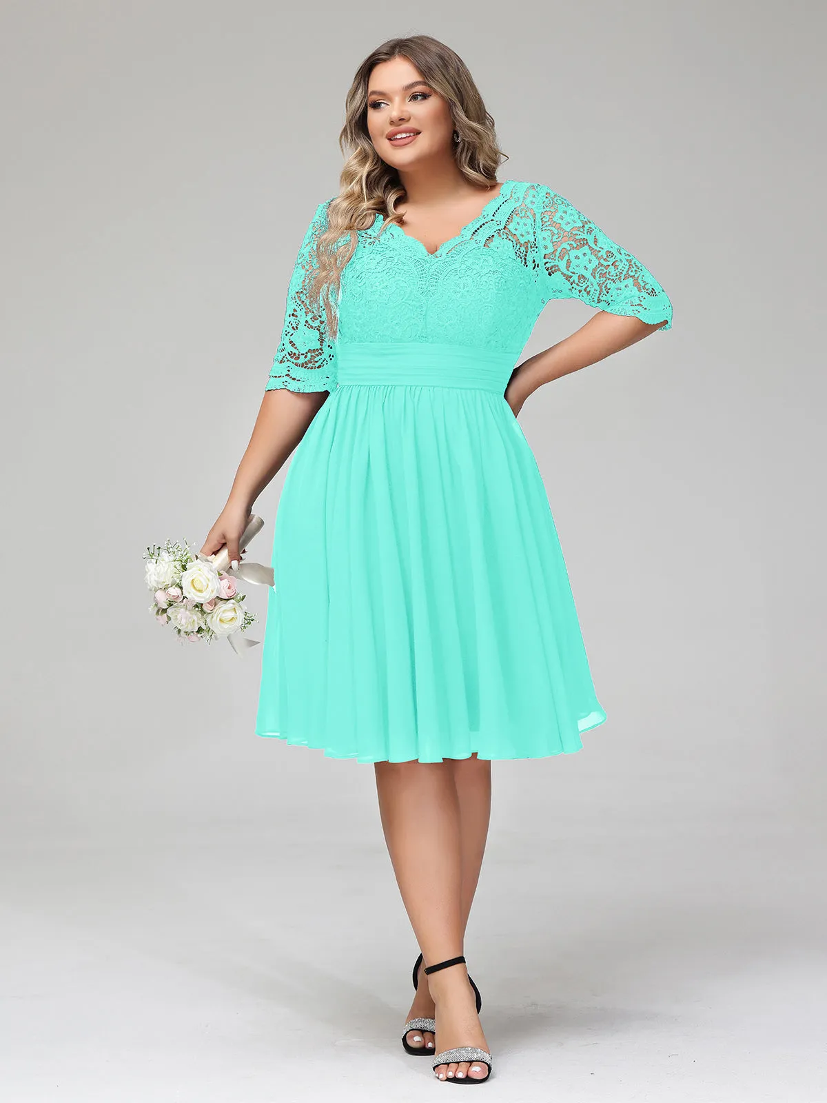 Lace and Chiffon Short Dress with Half Sleeves Spa