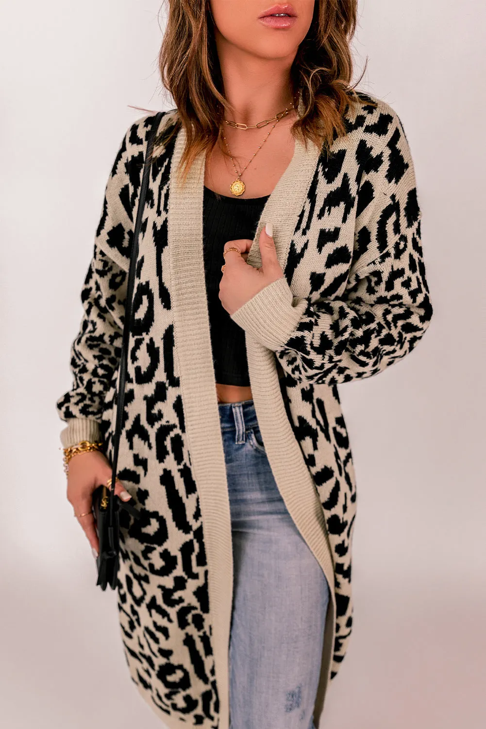 Leopard Pattern Knit Casual Long Cardigan