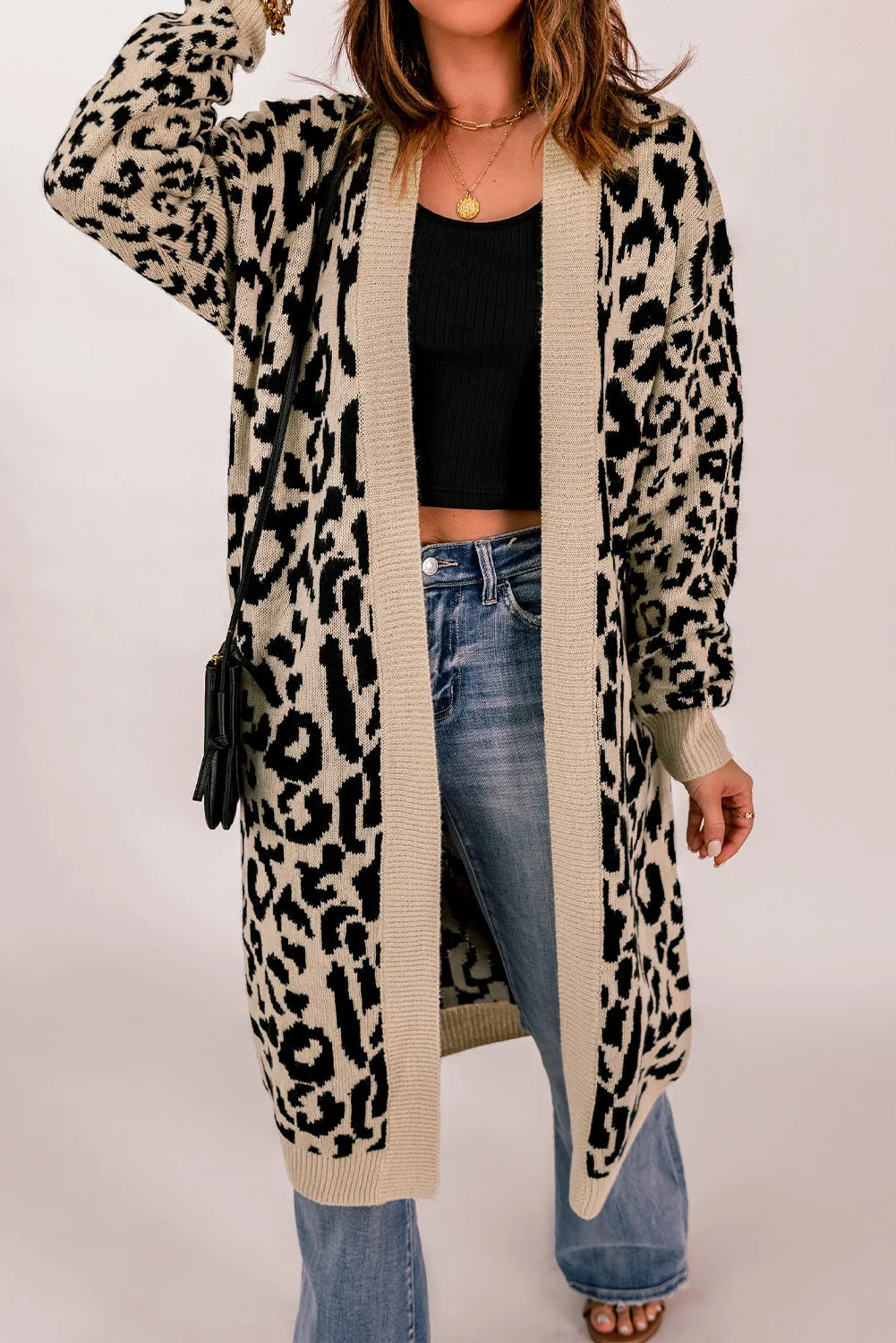 Leopard Pattern Knit Casual Long Cardigan