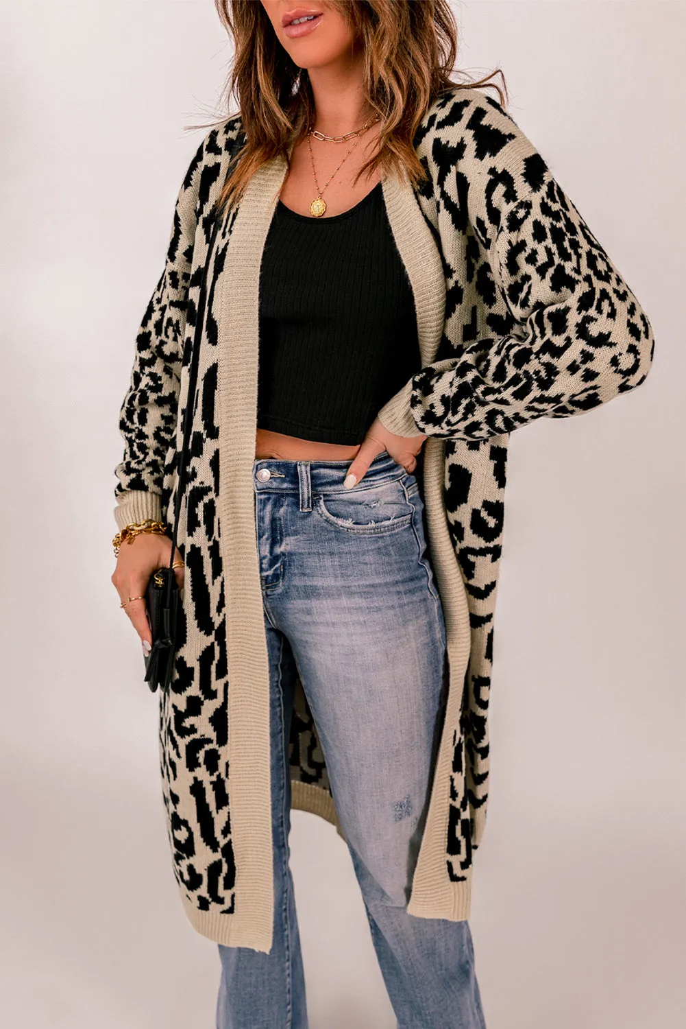 Leopard Pattern Knit Casual Long Cardigan